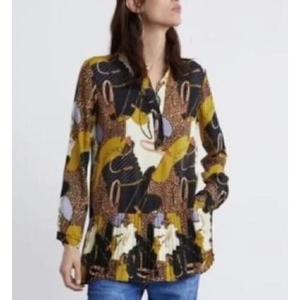 Zara Top Womens Small Equestrian Print Pleated Hem Tunic Artsy Flowy Boho